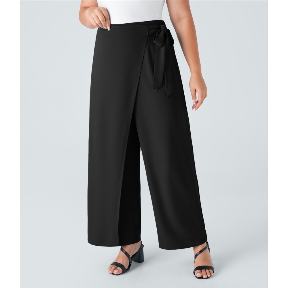 NWT Women's 2X Black High Waist Tie Side Wide Leg Wrap Work Pants Plus Size
